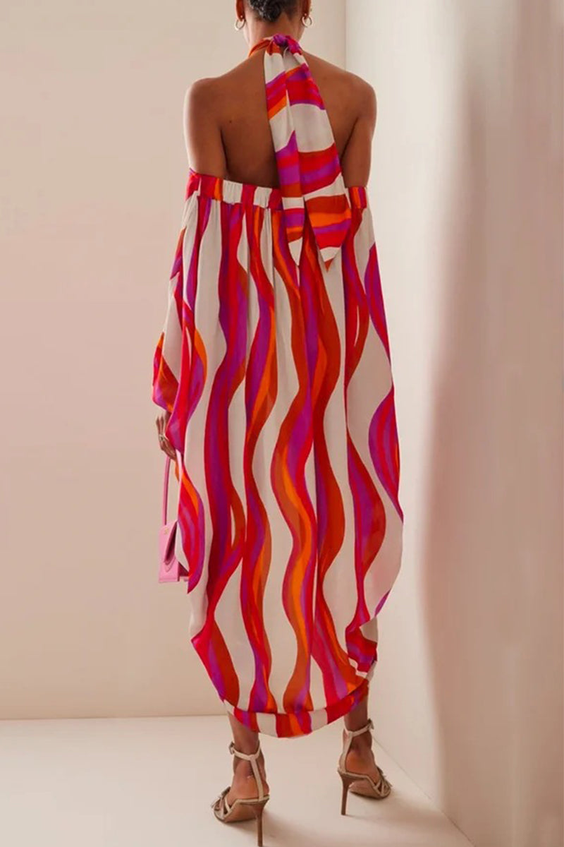Kaynafashions - Sexy Vacation Striped Contrast Halter Irregular Dress Dresses