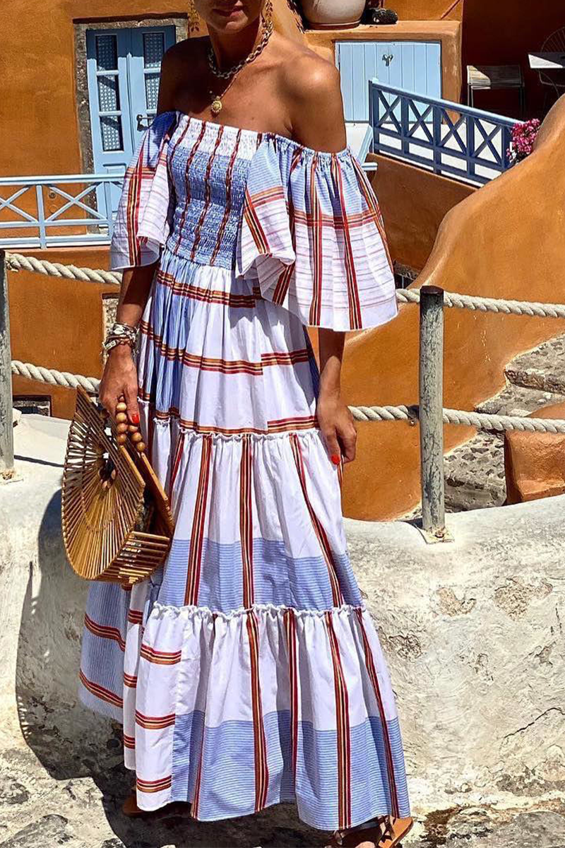 Kaynafashions - Fashion Print Patchwork Off the Shoulder Cake Skirt Dresses(3 Colors)