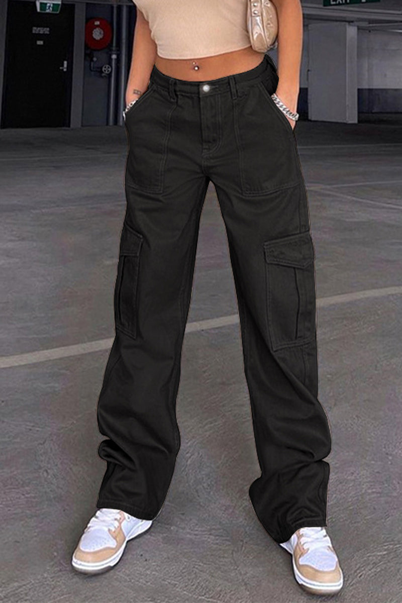 Kaynafashions - Street Solid Pocket Straight Solid Color Bottoms(3 Colors)