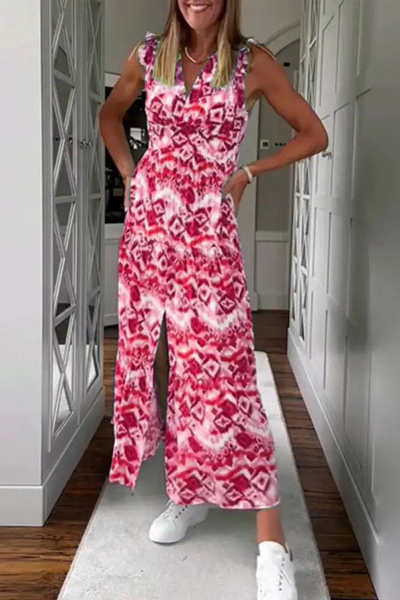 Kaynafashions - Sexy Geometric Printing V Neck Sleeveless Dress Dresses