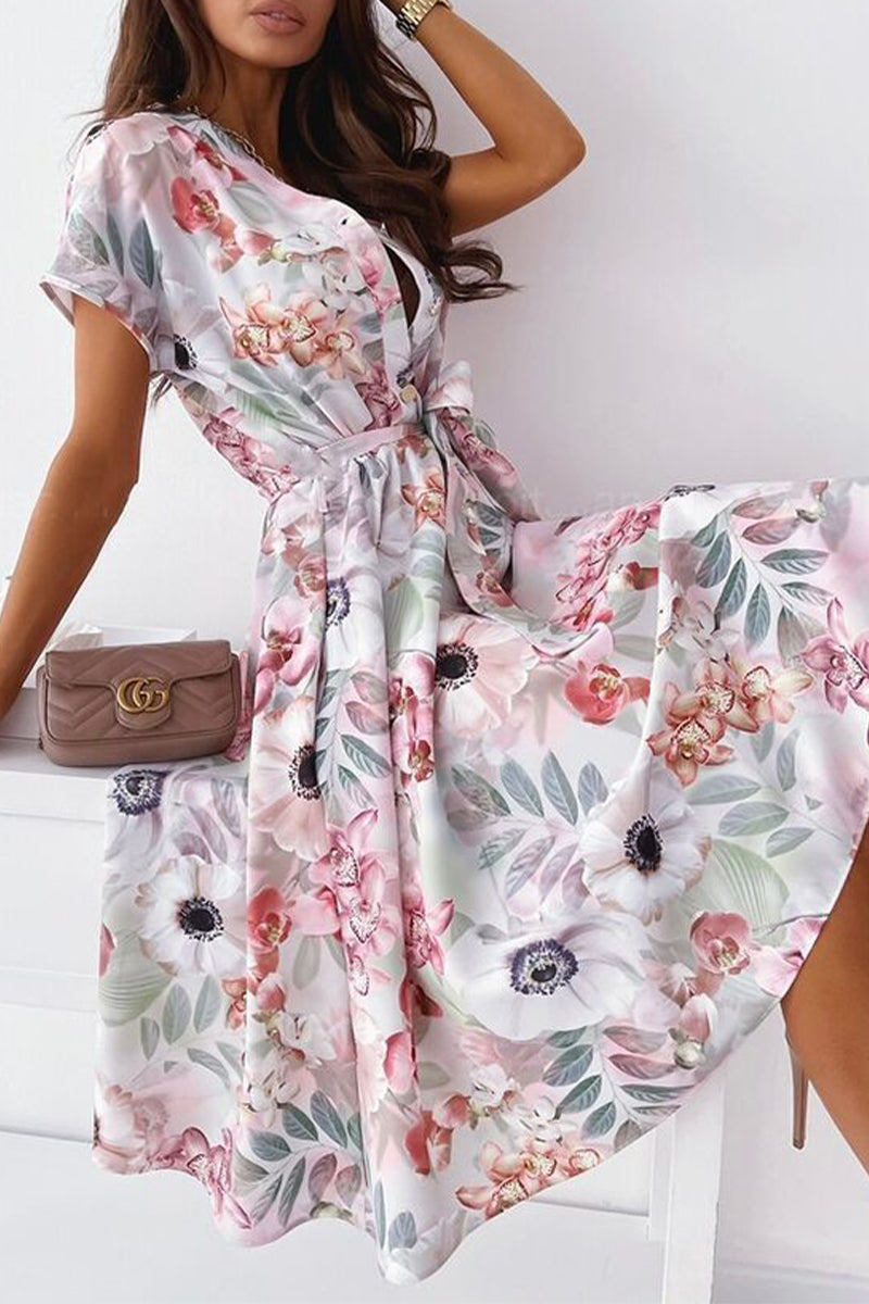 Kaynafashions - Celebrities Elegant Print Patchwork V Neck Shirt Dress Dresses