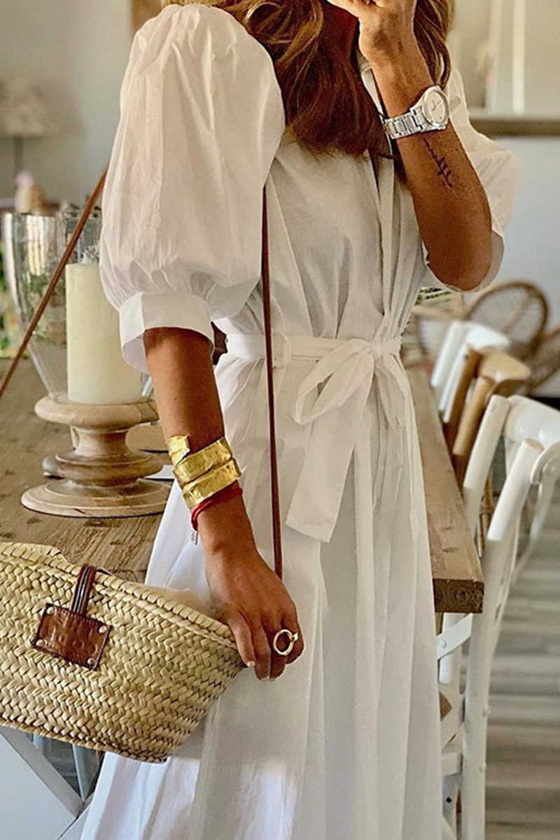 Kaynafashions - Casual Solid Patchwork Turndown Collar Shirt Dress Dresses