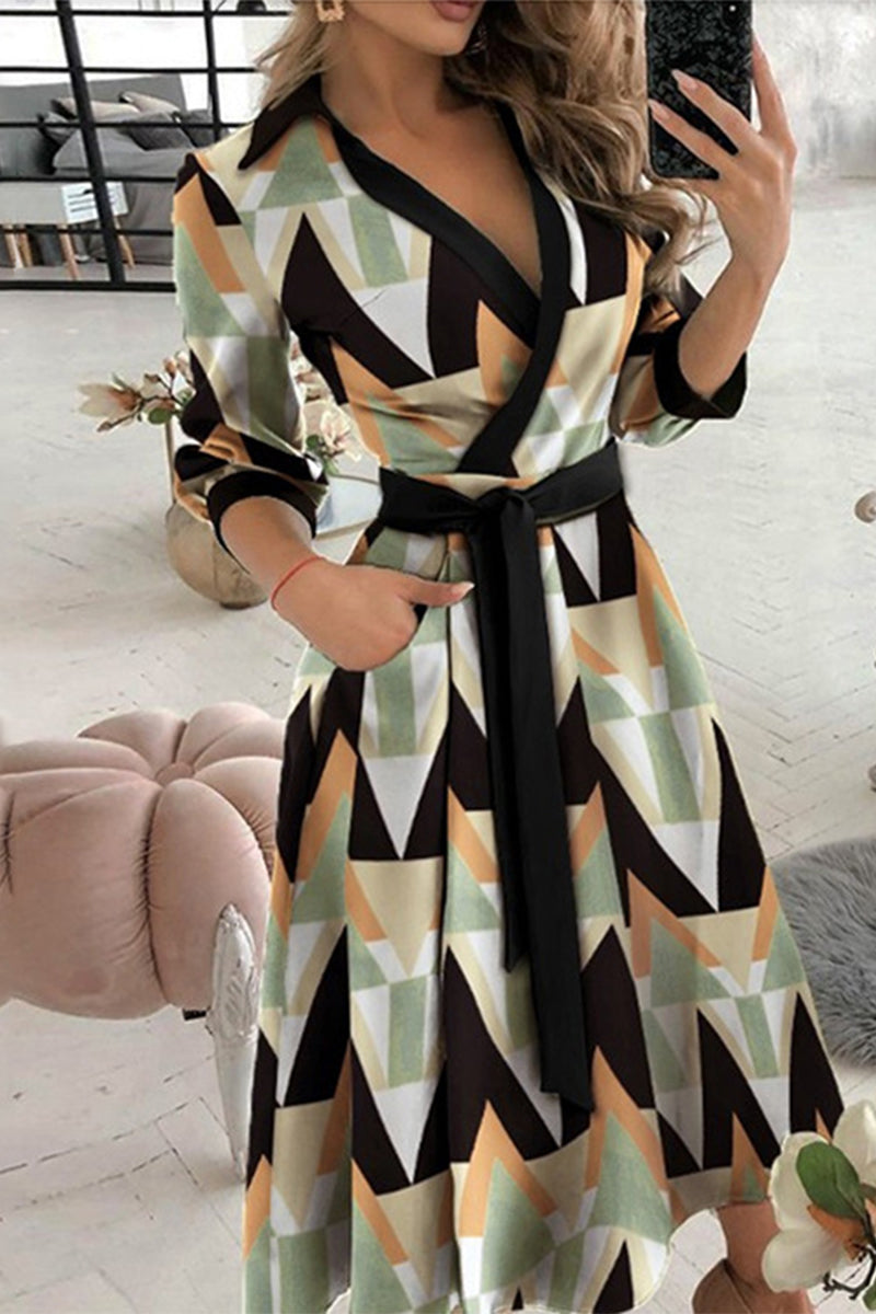 Kaynafashions - Elegant Print Printing Turndown Collar A Line Dresses