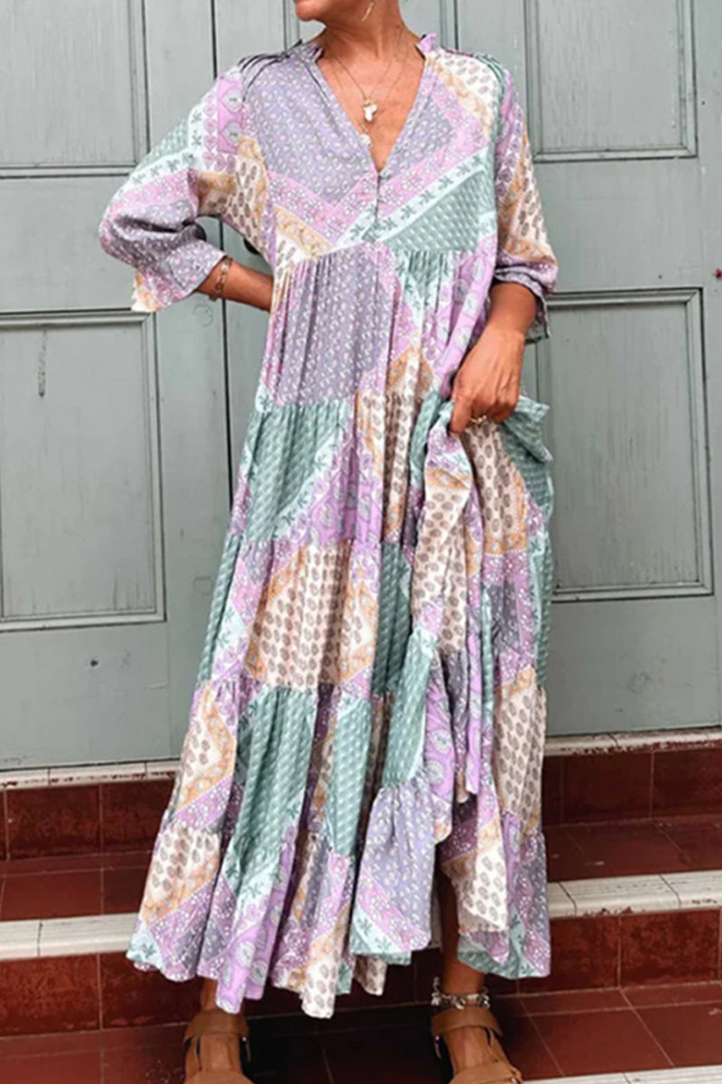 Kaynafashions - Elegant Geometric Printing V Neck A Line Dresses