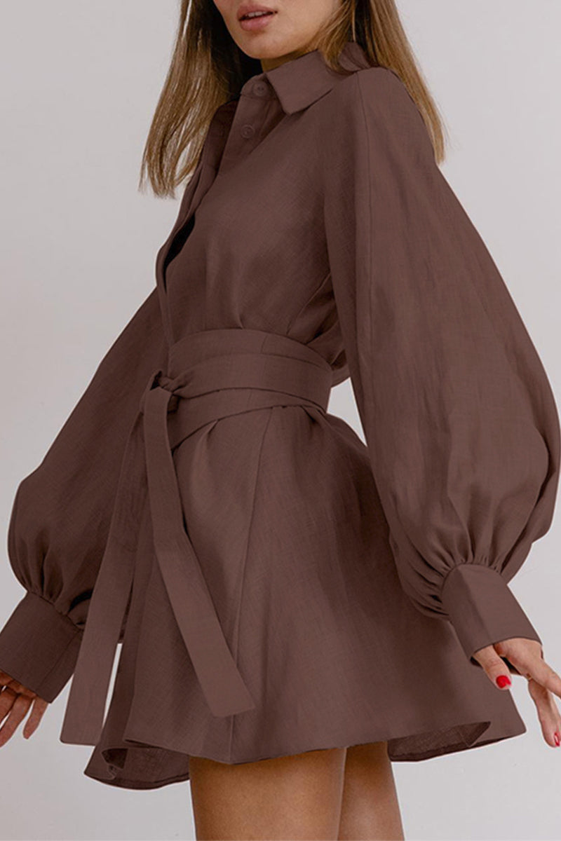 Kaynafashions - Work Elegant Solid Bandage Turndown Collar Waist Skirt Dresses