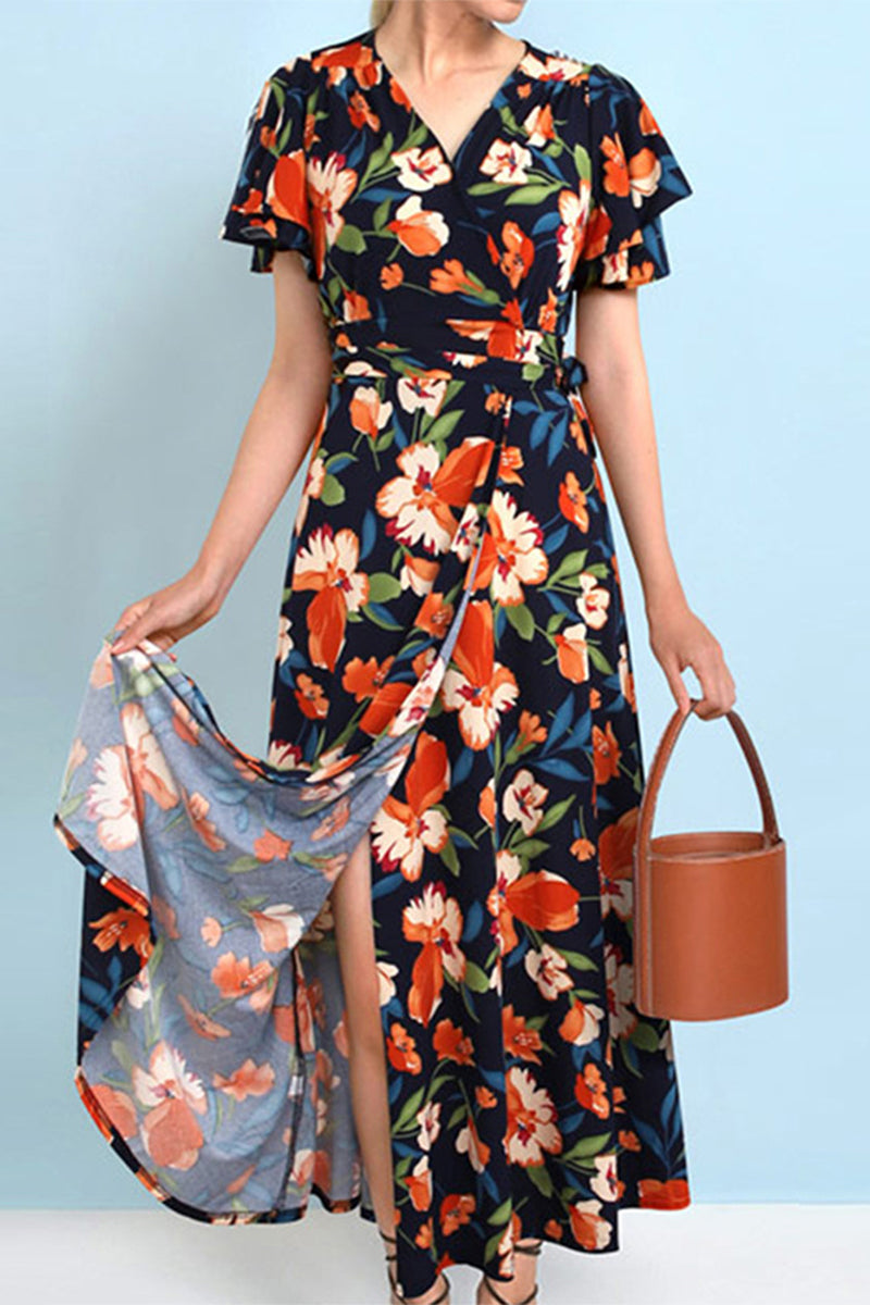 Kaynafashions - Elegant Floral Frenulum V Neck A Line Dresses