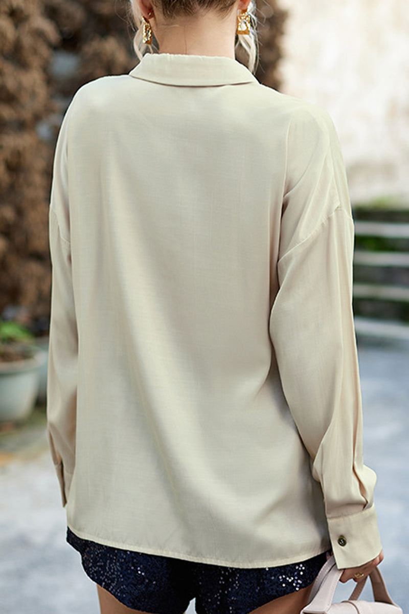 Kaynafashions - Casual Solid Tassel Shirt Collar Tops