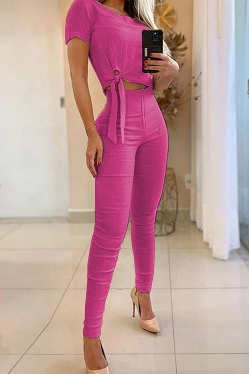 Kaynafashions - Casual Daily Solid Frenulum Zipper O Neck Short Sleeve Two Pieces