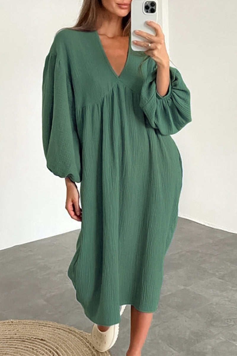 Kaynafashions - Casual Living Solid Pocket V Neck Long Sleeve Dresses