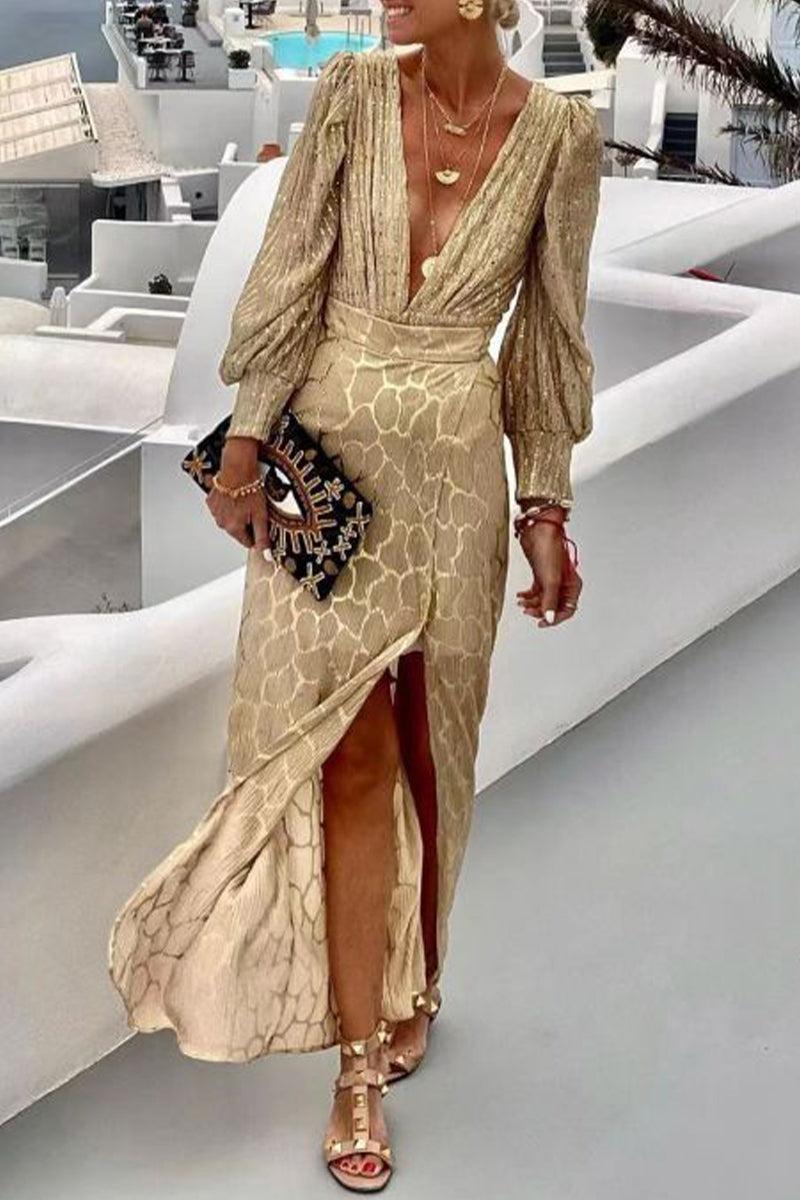 Kaynafashions - Sexy Print Slit V Neck Long Sleeve Two Pieces