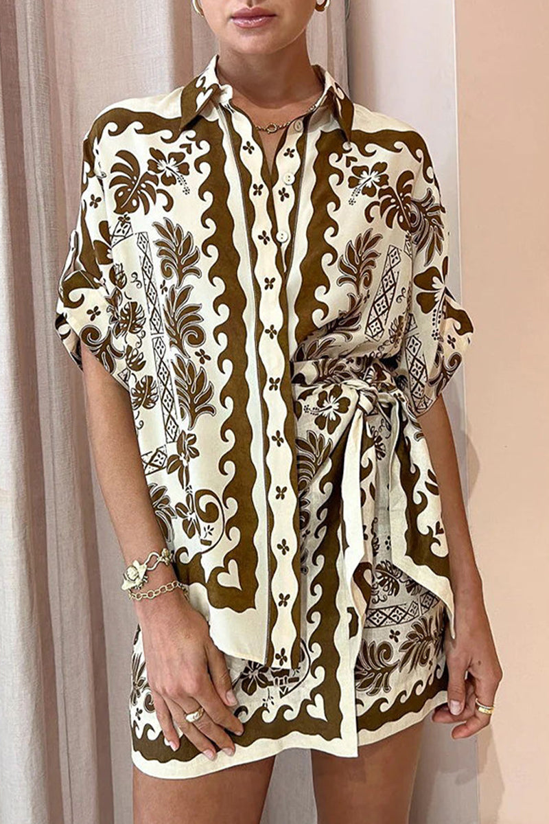 Kaynafashions - Casual College Geometric Printing Turndown Collar Half Sleeve Two Pieces