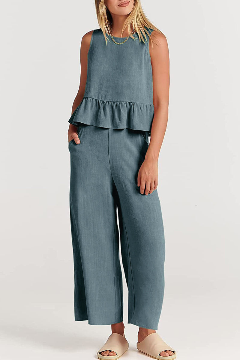 Kaynafashions - Casual Simplicity Solid Pocket Buttons O Neck Sleeveless Two Pieces