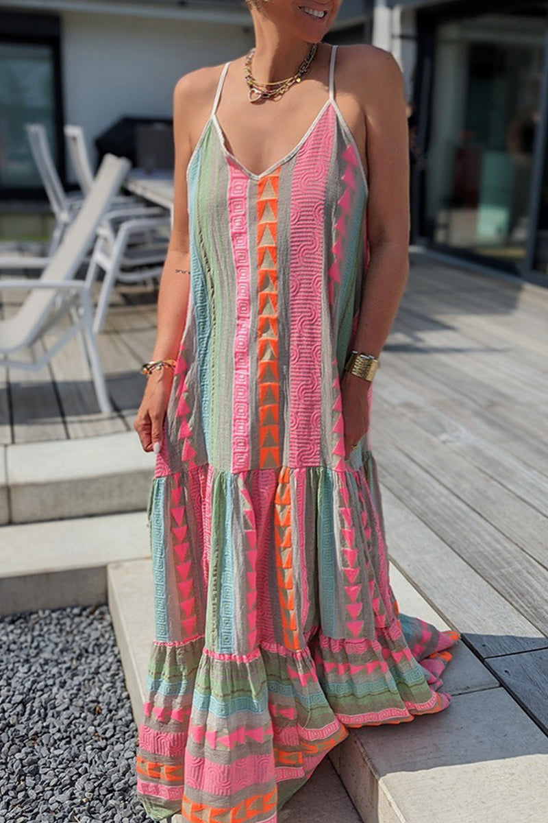 Kaynafashions - Sexy Vacation Geometric Print Backless V Neck Sling Dress Dresses