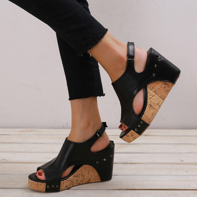 Kaynafashions - Casual Simplicity Patchwork Fish Mouth Wedges Shoes