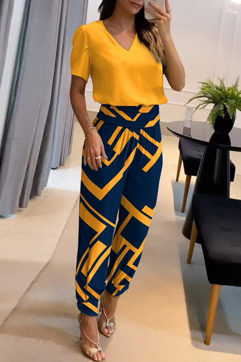 Kaynafashions - Casual Geometric Patchwork V Neck Short Sleeve Two Pieces(4 Colors)