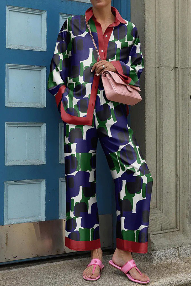 Kaynafashions - Casual Street Print Patchwork Turndown Collar Long Sleeve Two Pieces
