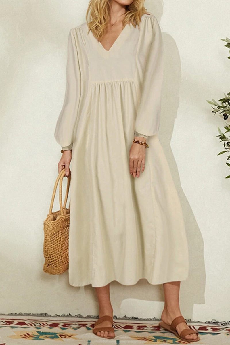 Kaynafashions - Fashion Work Solid Fold V Neck Long Dress Dresses(4 colors)