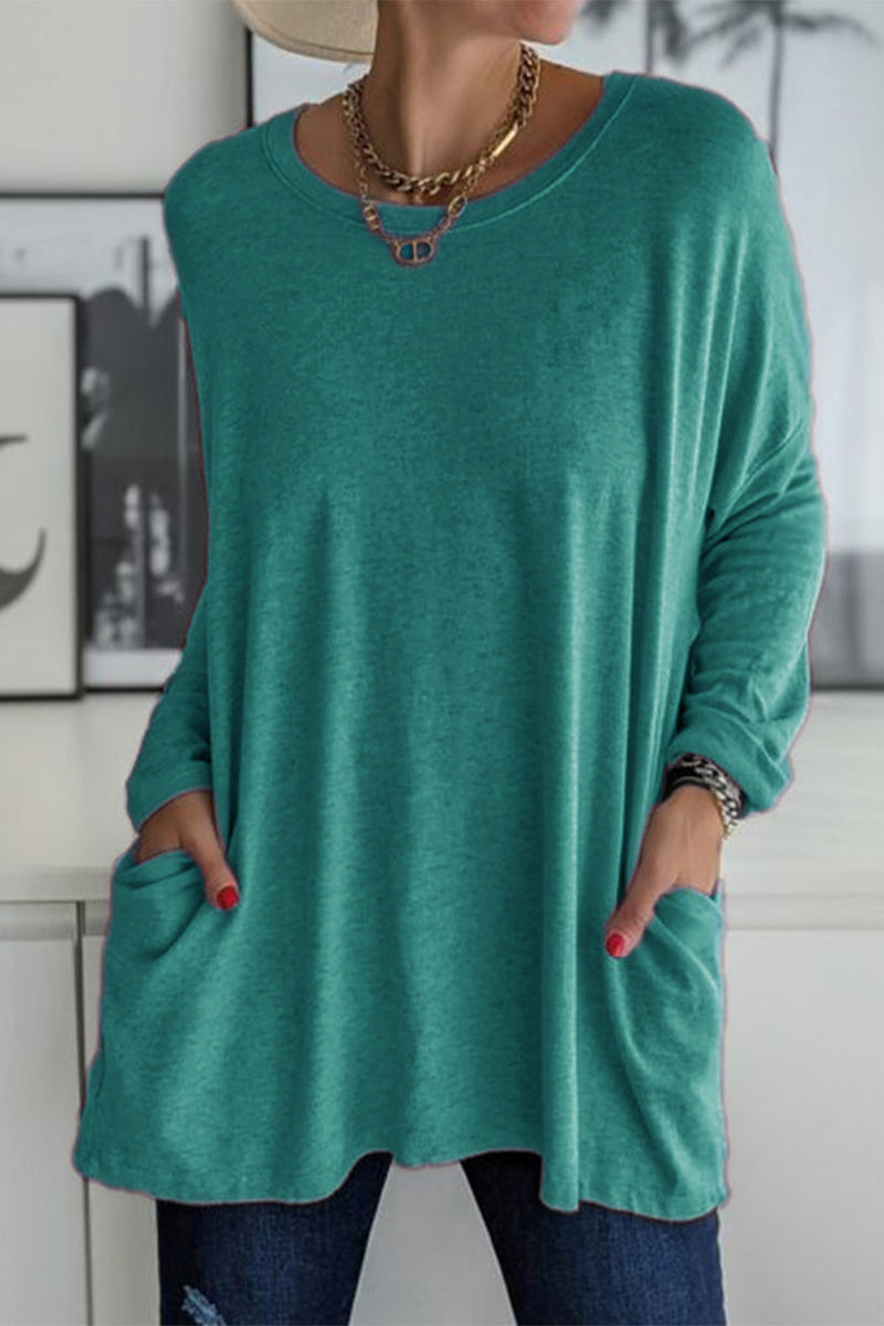 Kaynafashions - Casual Solid Patchwork Pocket O Neck Tops