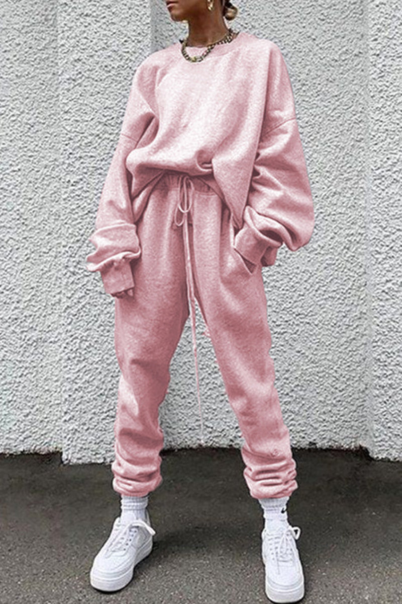 Kaynafashions - Casual Solid Pocket O Neck Long Sleeve Two Pieces