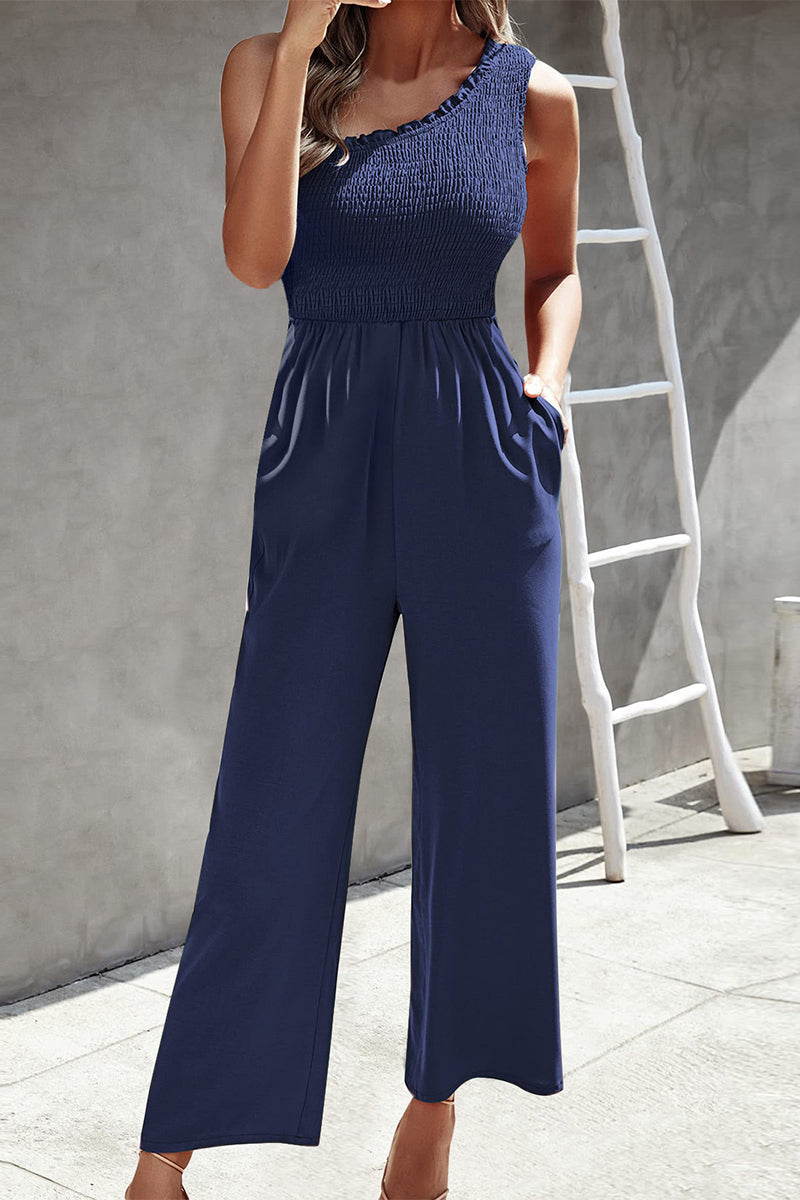 Kaynafashions - Casual Print Patchwork Pocket Oblique Collar Loose Jumpsuits