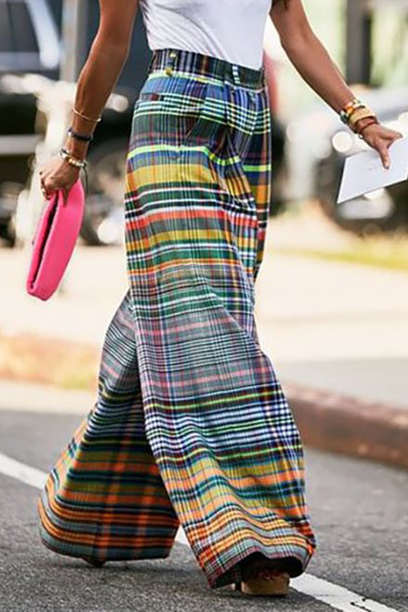 Kaynafashions - Casual Street Plaid Patchwork Contrast Loose High Waist Straight Patchwork Bottoms