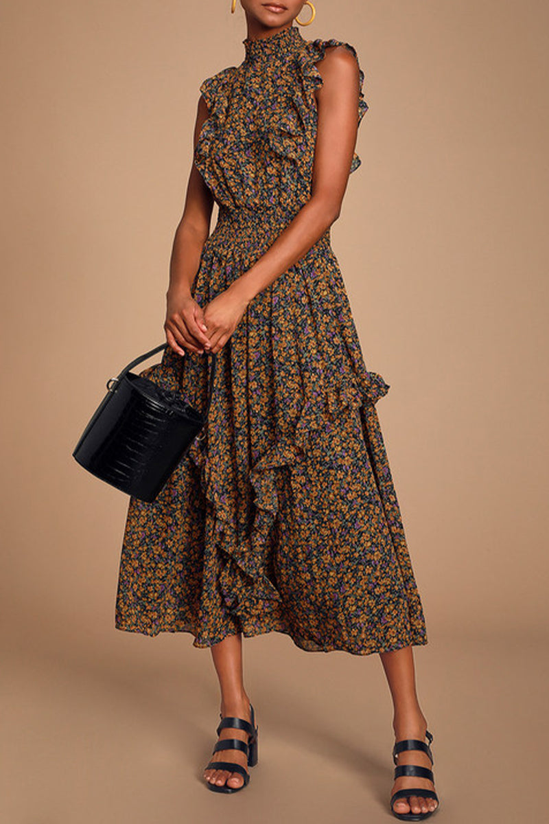 Kaynafashions - Elegant College Floral Patchwork Turtleneck Waist Skirt Dresses