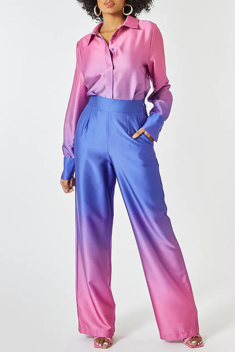 Kaynafashions - Casual Gradual Change Contrast Turndown Collar Long Sleeve Two Pieces(8 Colors)