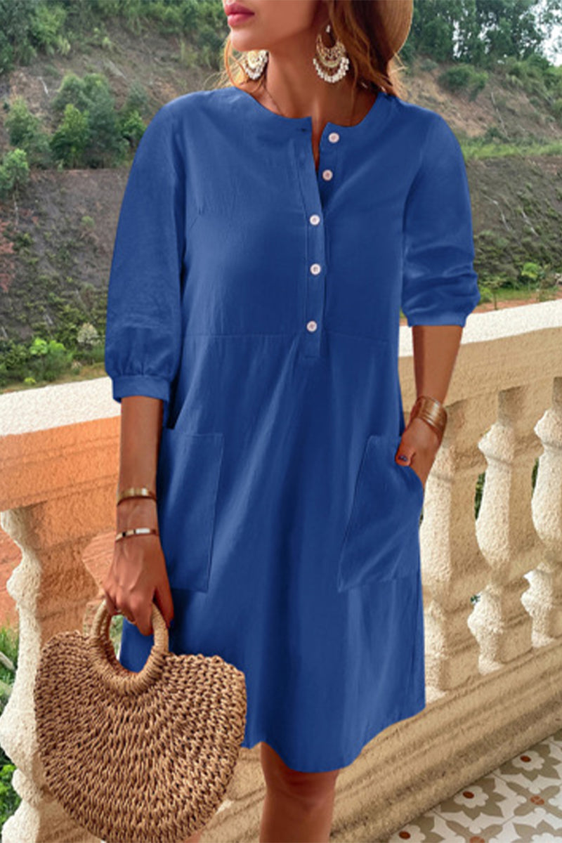Kaynafashions - Casual Simplicity Solid Pocket Buckle O Neck A Line Dresses(4 Colors)