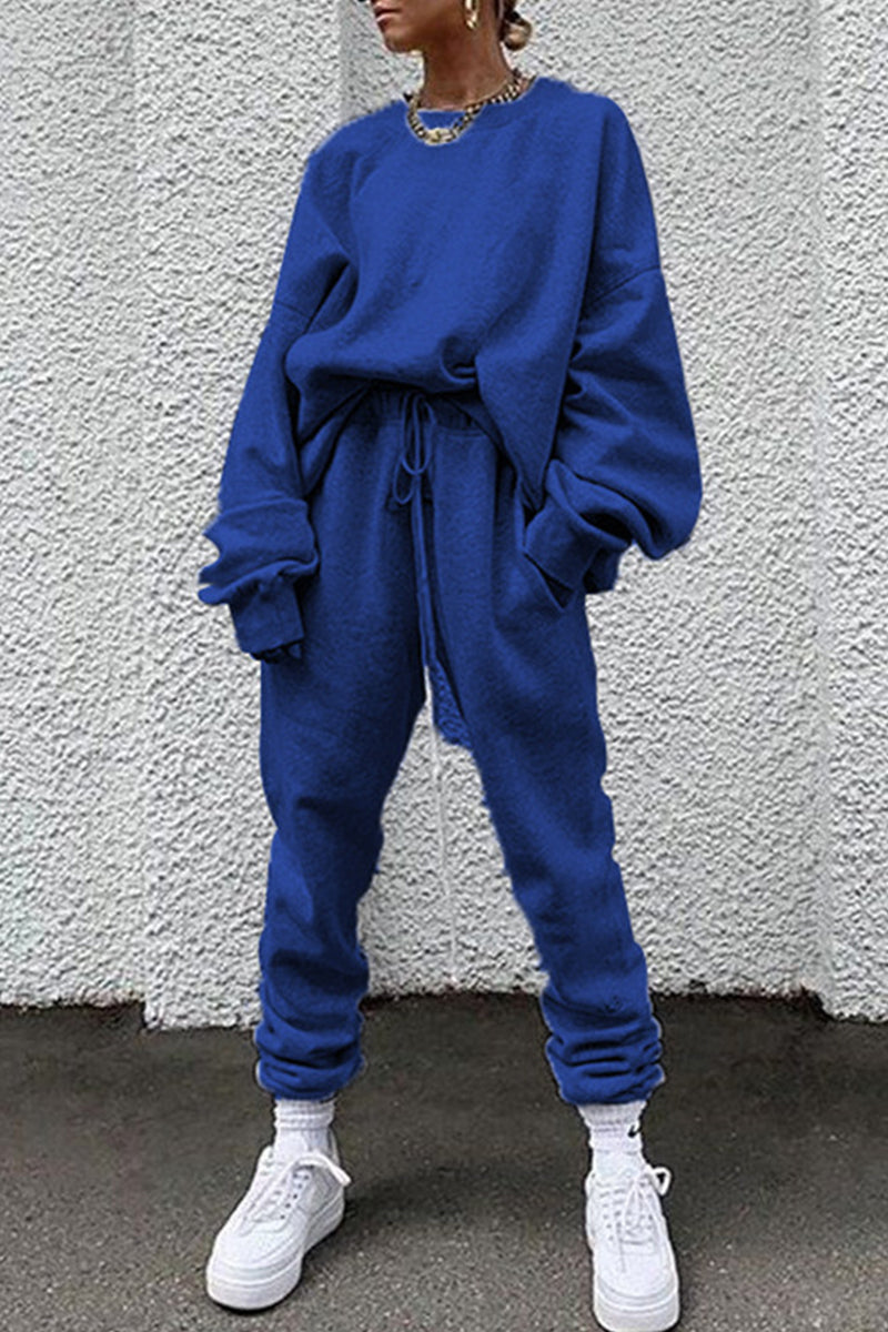 Kaynafashions - Casual Solid Pocket O Neck Long Sleeve Two Pieces