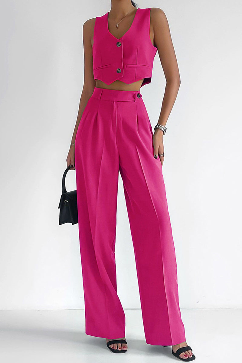 Kaynafashions - Casual Solid Buttons V Neck Sleeveless Two Pieces