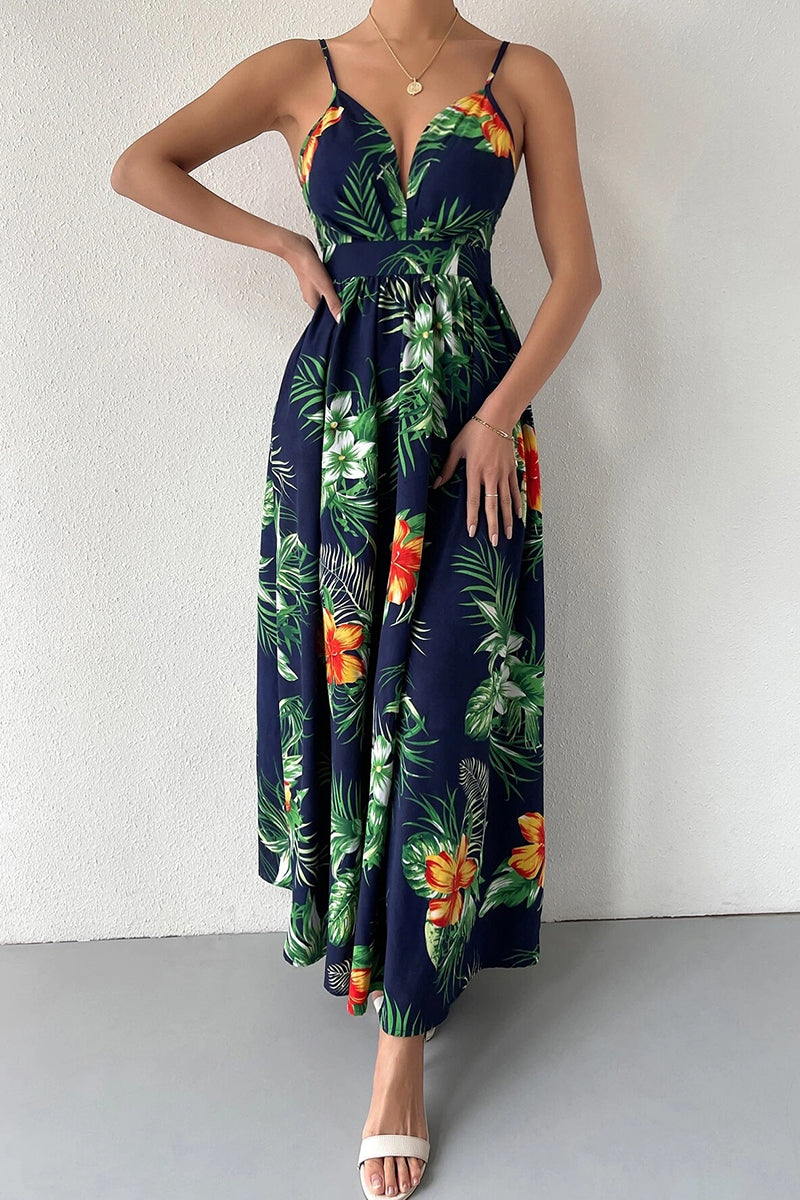 Kaynafashions - Elegant Floral Draw String V Neck Sling Dress Dresses(6 Colors)
