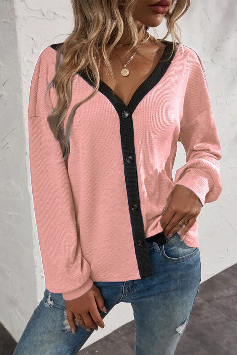 Kaynafashions - Casual Solid Patchwork Buttons V Neck T-Shirts(7 Colors)