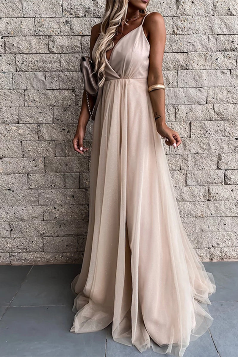 Kaynafashions - Sexy Formal Solid Mesh V Neck Evening Dress Dresses