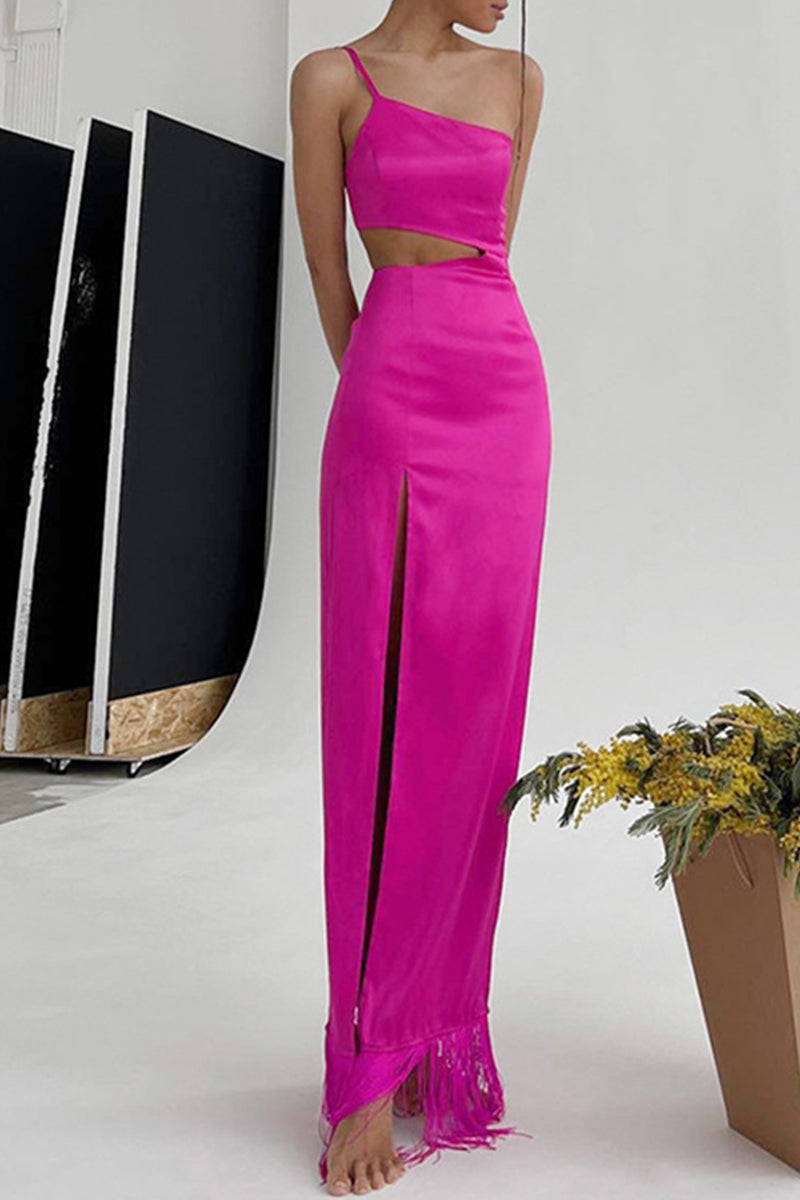 Kaynafashions - Sexy Party Solid Tassel Asymmetrical Oblique Collar Evening Dress Dresses