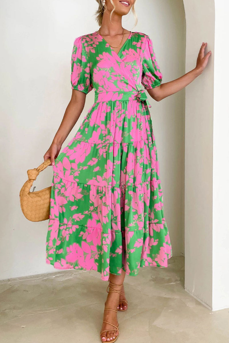 Kaynafashions - Elegant Floral Patchwork V Neck A Line Dresses