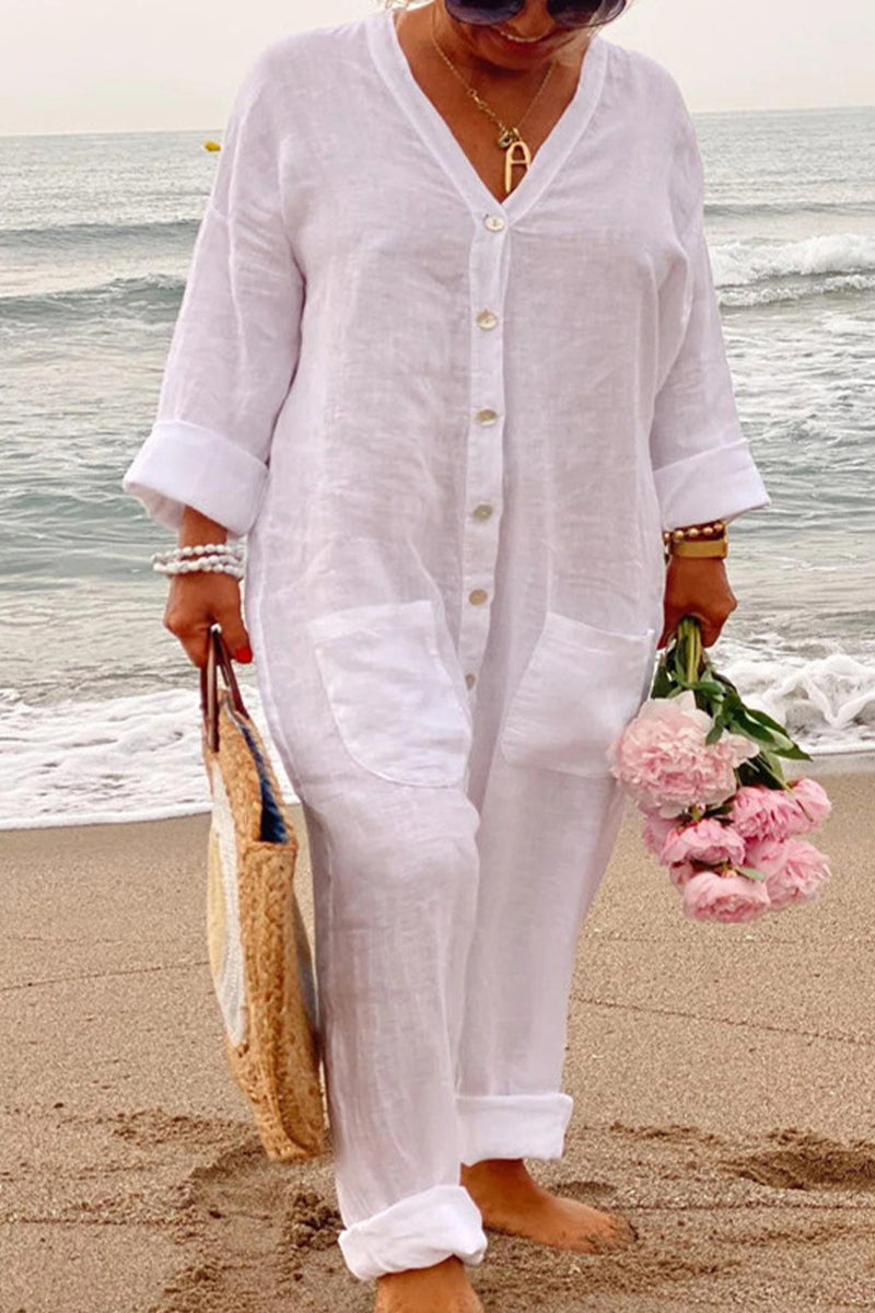 Kaynafashions - Casual Vacation Solid Pocket Buckle V Neck Loose Jumpsuits