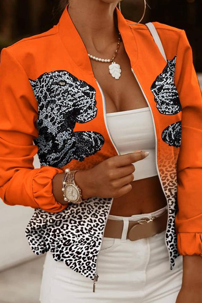 Kaynafashions - Casual Print Patchwork Zipper Collar Outerwear(6 colors)