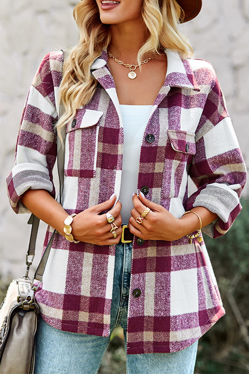 Kaynafashions - Casual Plaid Patchwork Turndown Collar Blouses(4 Colors)
