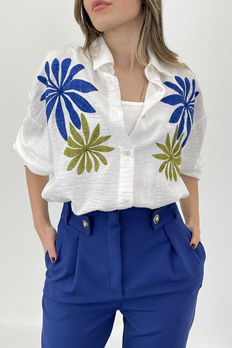 Kaynafashions - Casual Floral Patchwork Turndown Collar Tops