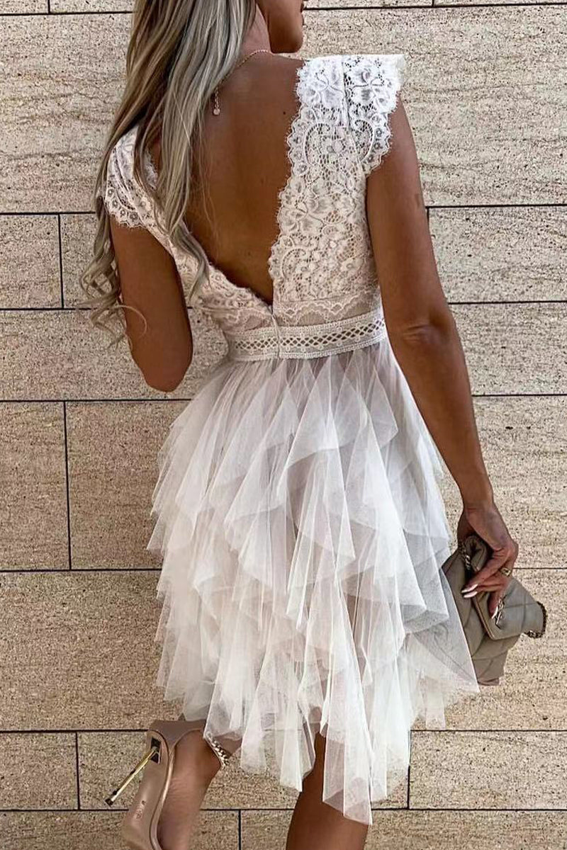 Kaynafashions - Sweet Elegant Solid Mesh V Neck Irregular Dress Dresses(3 Colors)
