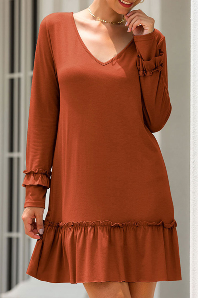 Kaynafashions - Casual Solid Flounce V Neck Straight Dresses(3 colors)