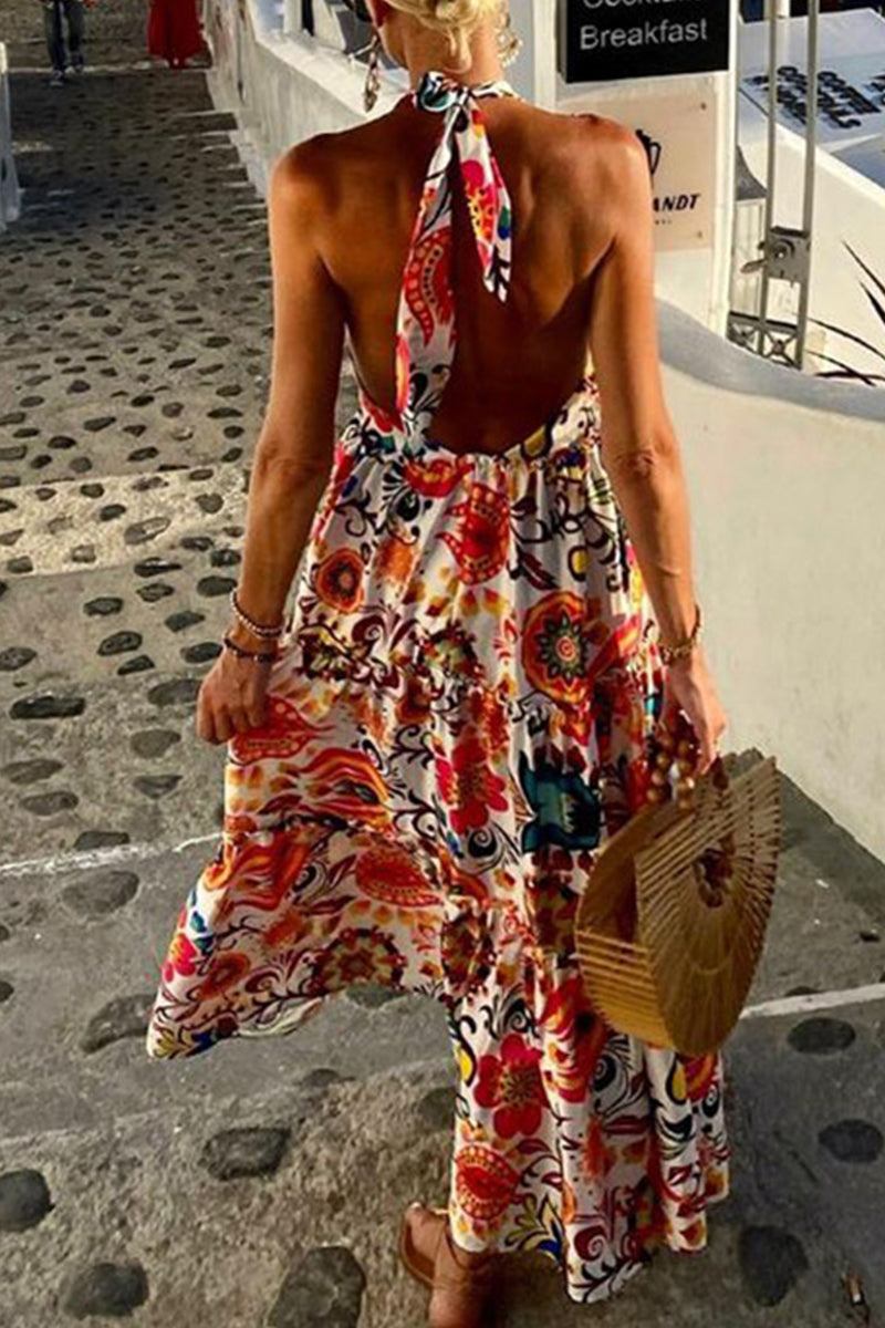 Kaynafashions - Sexy Vacation Print Backless Printing Halter Beach Dresses