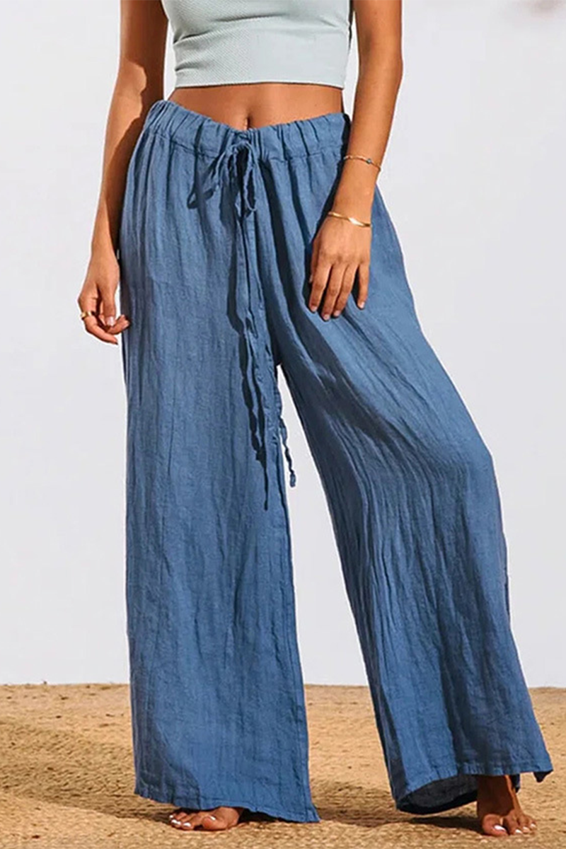 Kaynafashions - Casual Solid Patchwork Loose Mid Waist Wide Leg Solid Color Bottoms(5 colors)