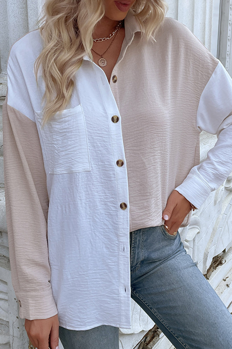 Kaynafashions - Elegant Color Block Patchwork Turndown Collar Tops