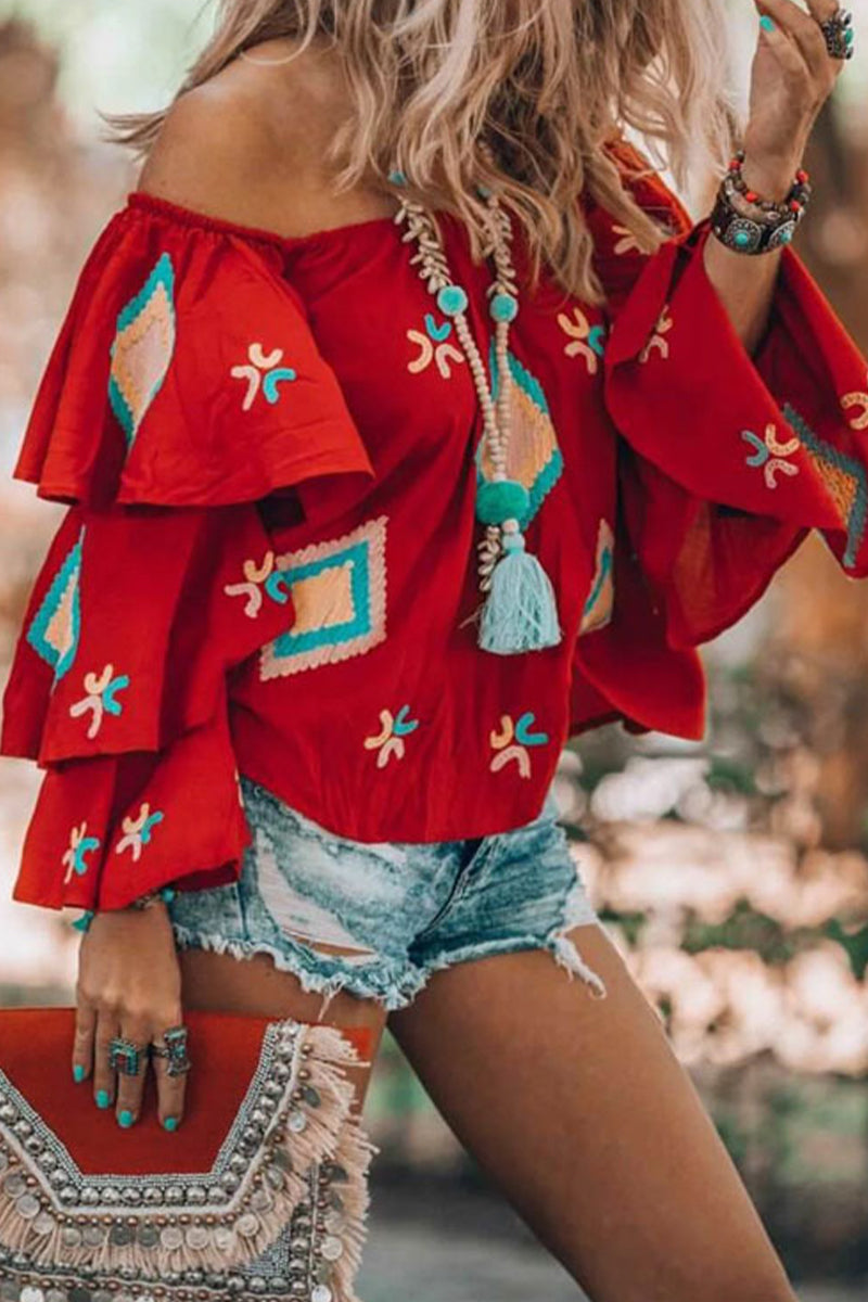 Kaynafashions - Bohemian College Geometric Patchwork Off the Shoulder Tops