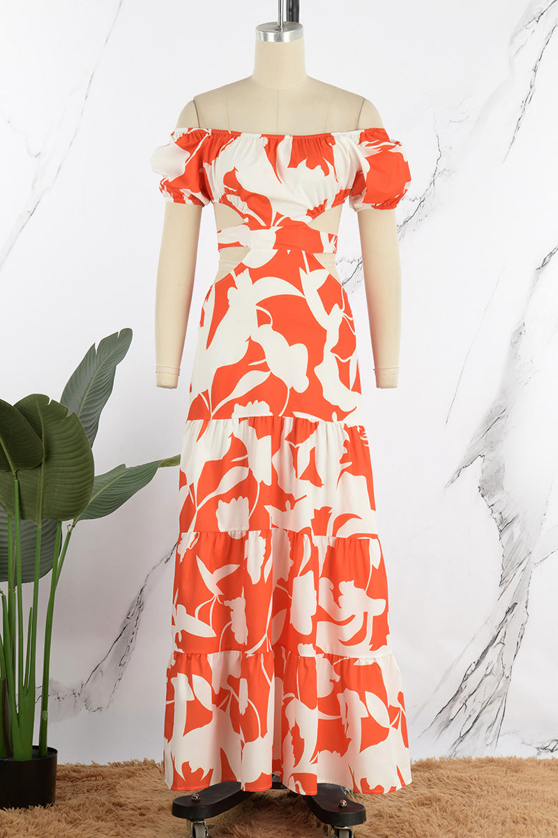 Kaynafashions - Sexy Elegant Print Frenulum Off the Shoulder Printed Dress Dresses(4 Colors)