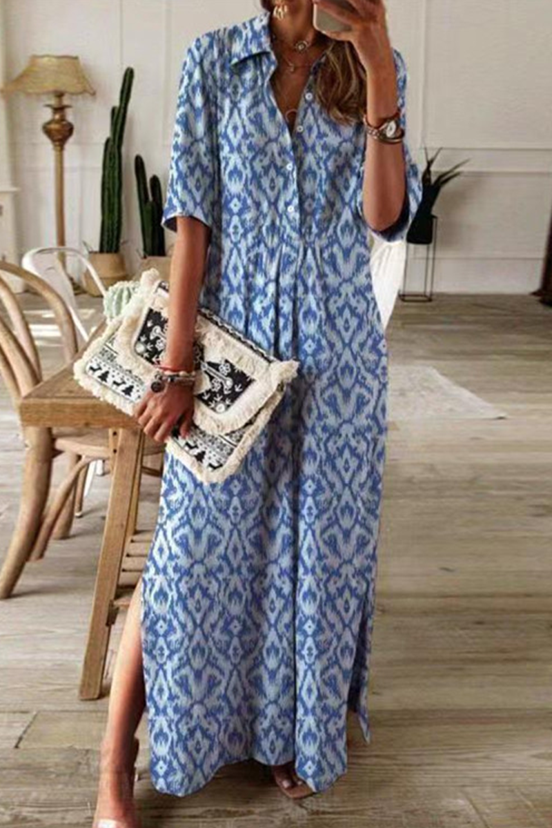 Kaynafashions - Casual Print Patchwork Turndown Collar Shirt Dress Dresses