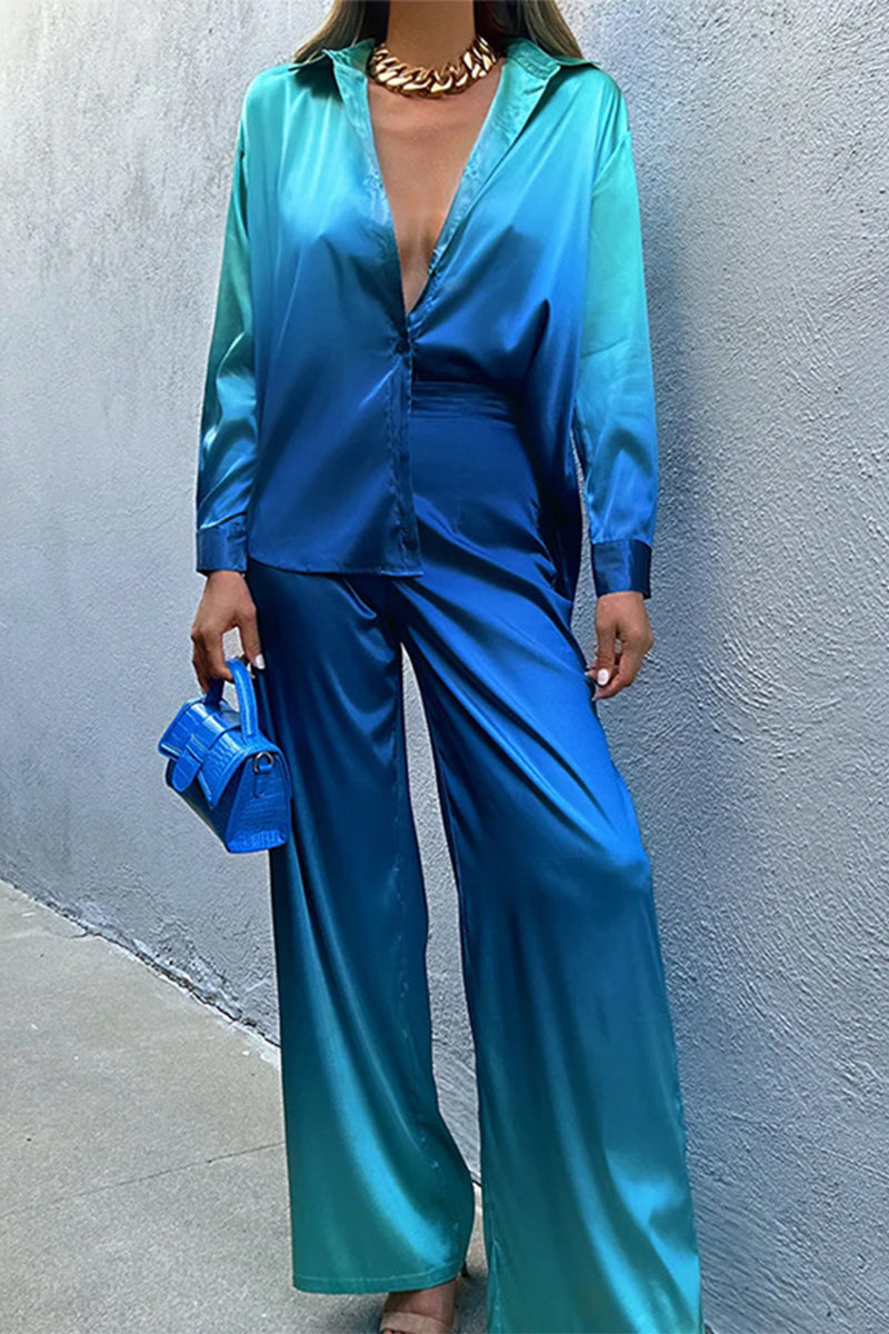 Kaynafashions - Casual Gradual Change Contrast Turndown Collar Long Sleeve Two Pieces(8 Colors)