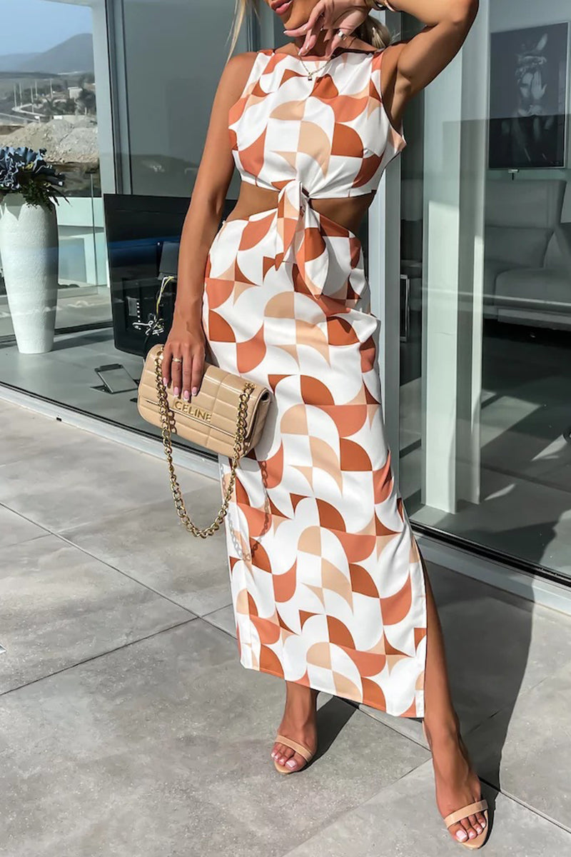 Kaynafashions - Sexy Celebrities Geometric Print Backless Slit O Neck A Line Dresses