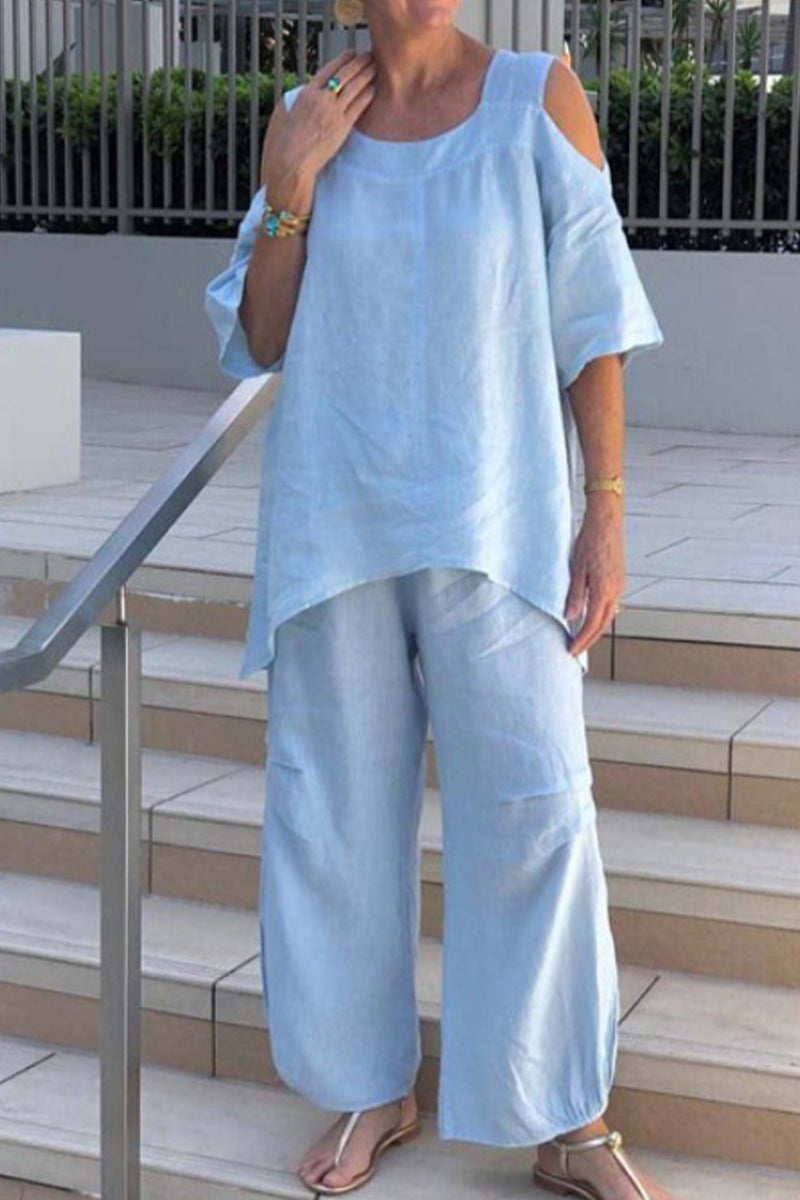 Kaynafashions - Casual Solid Asymmetrical O Neck Half Sleeve Two Pieces